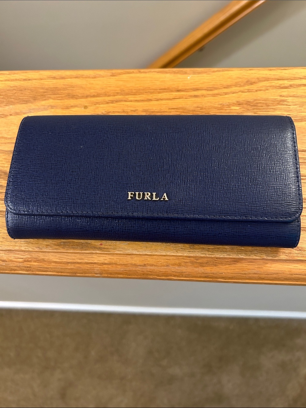 Furla Saffiano Leather Trifold Wallet in Navy with Gold Logo
